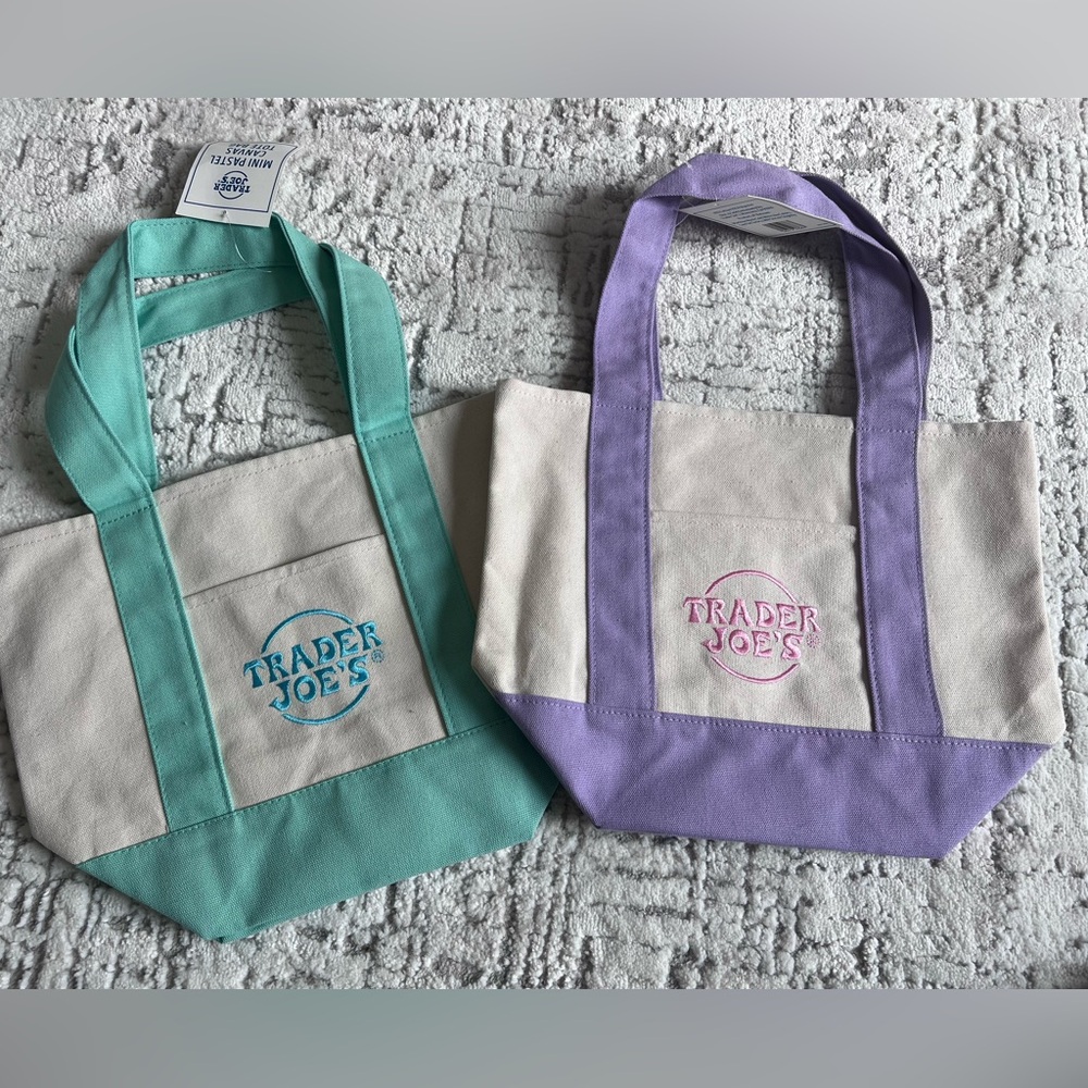 Trader Joes Mini Pastel Canvas Tote Bag 2 Piece Set NEW! Green and purple